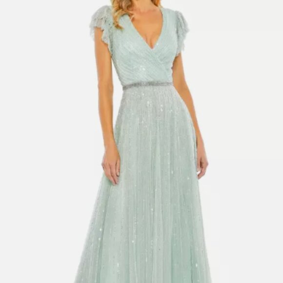 MAC DUGGAL 5502 SEQUINED WRAP OVER RUFFLED CAP SLEEVE SEAMIST GOWN sz 2 - Picture 4 of 6